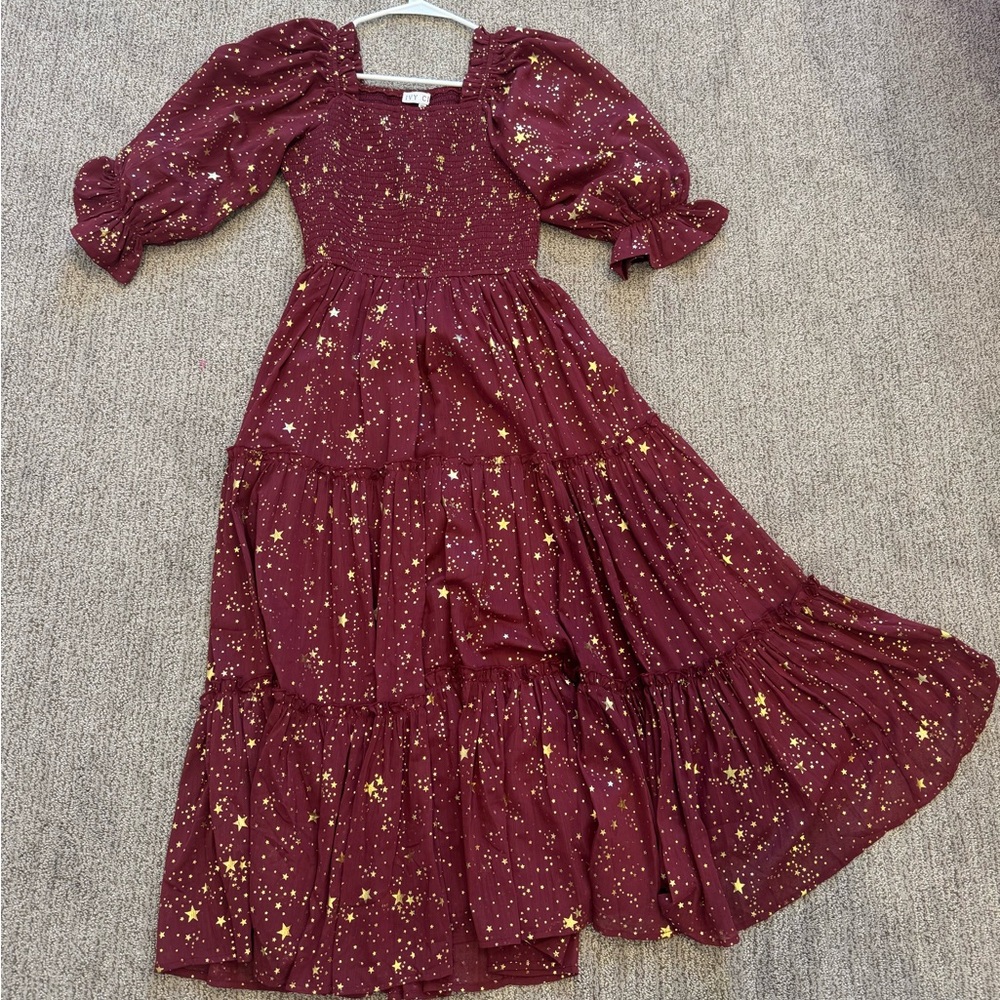 Ivy City Madeline dress in Crimson with Gold Star Pattern